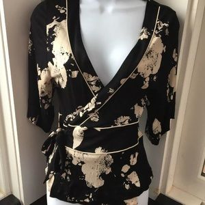 Vtg 90s Small Black White Rayon Kimono Top Blouse